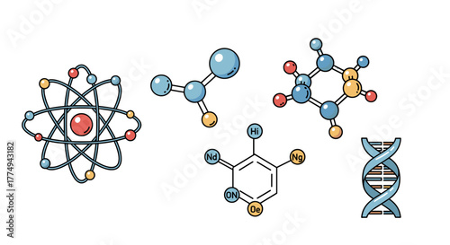 Collection of colorful flat design icons representing scientific concepts: atomic structure, molecular models, and DNA helix, symbolizing chemistry, biology, and physics research and education