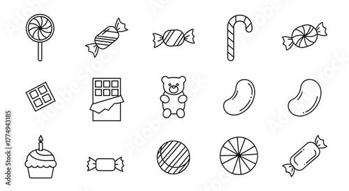 A delightful collection of thin line vector icons representing various candies and sweets, including lollipops, wrapped candies, candy canes, chocolate bars, gummy bears, jelly beans, and cupcakes