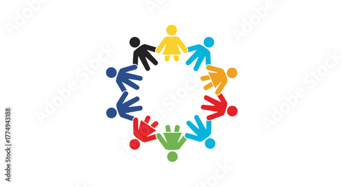 Diverse group of colorful stick figures holding hands in a circle against a black background, symbolizing unity, teamwork, community, and connection. This abstract graphic represents global