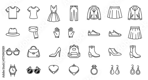 Collection of fashion clothing and accessories vector line icons, presented in a clean and organized manner on a white background, featuring a diverse range of apparel and personal items for a