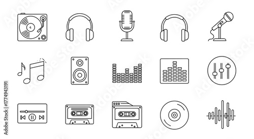 Collection of minimalistic linear music icons with editable stroke, featuring a turntable, headphones, microphone, speaker, musical notes, equalizer, audio mixer, cassette tape, CD, and sound wave
