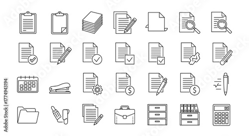 Collection of document icons, clipboards, and office supplies, hand-drawn with thin lines, perfect for apps, websites, banners, and infographics, offering a clean and modern aesthetic for digital and