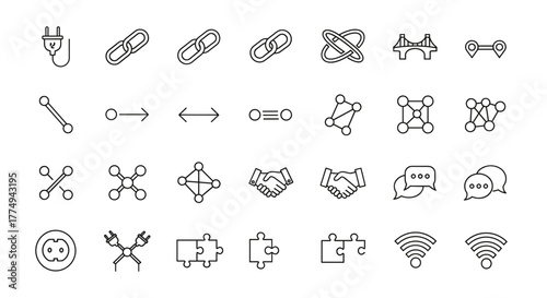A comprehensive collection of line icons representing various connection concepts, including network nodes, links, bridges, plugs, puzzles, and communication symbols, all presented in a clean