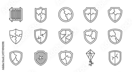 Set of thin line cracked shield icons and a radiator icon, symbolizing protection failure, vulnerability, and damage. Perfect for web, books, cards, and apps, this vector cartoon illustration on a