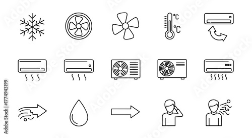 Collection of outline icons representing cooling and air conditioning systems, including fans, thermometers, AC units, and symbols for airflow, water droplets, and human comfort, perfect for graphic