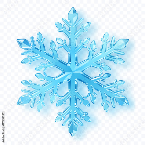 A complex, six-pointed snowflake with crystalline facets in shades of light blue with soft shadow on a transparent background. Transparency only in vector format.