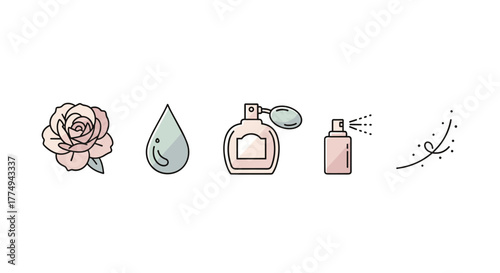 Set of five flat icons representing perfume and fragrance elements, including a delicate pink rose, a clear water droplet, a vintage perfume bottle with a bulb sprayer, a modern spray bottle emitting
