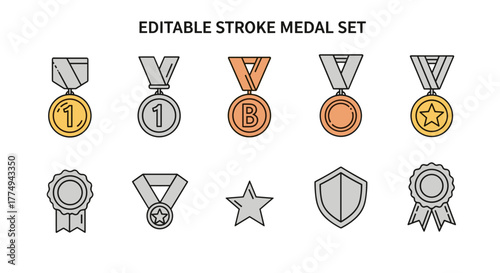 Editable stroke medal set, featuring gold, silver, and bronze awards with numbers 1, letters B and C, stars, shields, and rosettes, perfect for web, books, cards, and apps, presented as a vector