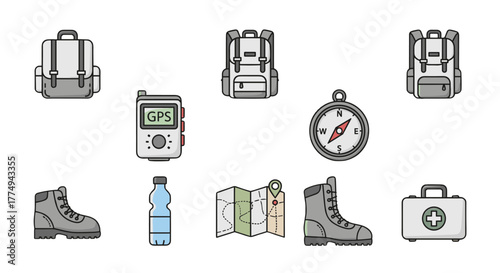 Collection of flat line icons representing essential gear for tracking and hiking adventures, including backpacks, GPS device, compass, hiking boots, water bottle, map, and first aid kit, perfect for