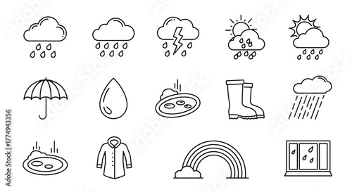 Collection of thin line icons representing various weather phenomena, including rain clouds, thunderstorms, sunny showers, raindrops, umbrellas, puddles, raincoats, rubber boots, rainbows, and rain