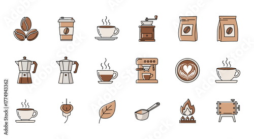 A collection of minimalistic thin line icons representing various coffee-related elements, including coffee beans, cups, brewing equipment like moka pots and espresso machines, coffee bags, a