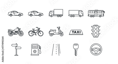 Collection of clean line art icons representing various modes of road transport and related elements, including cars, trucks, buses, motorcycles, bicycles, scooters, taxi signs, traffic lights, gas