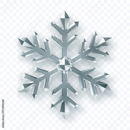 A complex, six-pointed snowflake with sharp, crystalline facets in shades of silver and white with soft shadow on a transparent background. Transparency only in vector format.