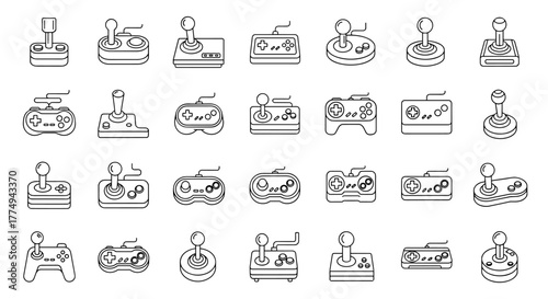 Set of minimalistic linear pictograms representing various joysticks and game controllers, designed with editable strokes for versatility in digital and print media, perfect for cards, apps, banners