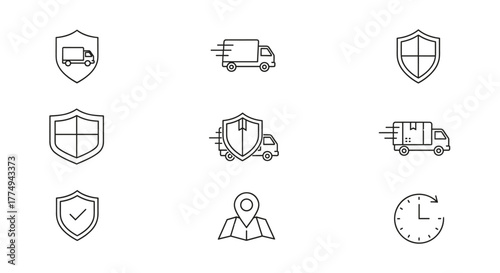 Set of minimalistic line icons representing delivery and protection services, including shields with trucks, a shield with a checkmark, a map pin, and a clock with an arrow, suitable for web, graphic