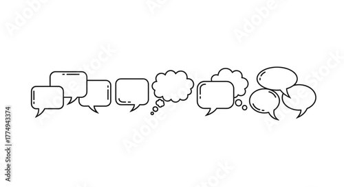 Collection of diverse outlined speech bubbles and thought clouds in a horizontal line, symbolizing communication, conversation, ideas, and dialogue. This vector graphic set is perfect for apps