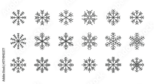 Collection of 15 thin line snowflake icons, perfect for winter-themed designs, web elements, book illustrations, greeting cards, and mobile applications. This vector cartoon illustration features