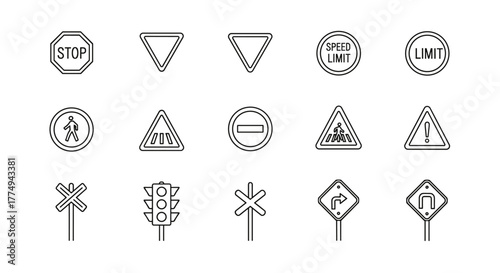 Collection of various road signs and traffic signals, including stop signs, speed limit signs, pedestrian crossings, warning signs, and directional indicators, presented as clean, modern outline