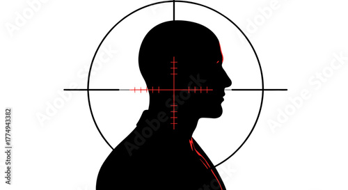 Silhouette of a man's head in profile, viewed through a sniper scope with a red crosshair targeting the temple, symbolizing danger, threat, and a critical moment in a high-stakes situation, perfect