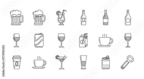 A comprehensive collection of line art icons representing various beverages, including frothy beer mugs, elegant wine glasses, refreshing cocktails, steaming coffee cups, canned drinks, juice boxes