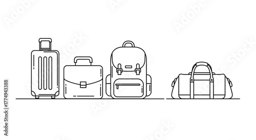 Minimalistic linear icon pack featuring a suitcase, briefcase, and baggage, representing travel, business, and luggage. This versatile set of line art pictograms is perfect for web design, graphic