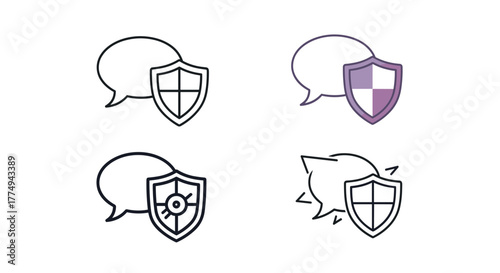 Set of four speech bubble and shield icons, representing secure communication and data protection, suitable for websites, apps, and infographics. Includes variations with gradient fill and different