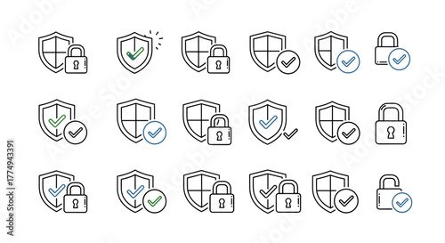 Set of outline icons representing security and verification, featuring shields and locks with checkmarks in green and blue, suitable for graphic and web design, apps, adverts, and various cards