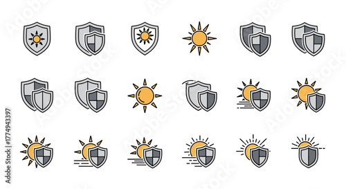 Set of sun and shield line icons, representing protection from sunlight, weather resistance, and security. This vector cartoon illustration features a clean, modern design suitable for graphic
