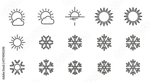A collection of outline icons representing weather conditions, featuring various sun symbols and multiple snowflake designs, perfect for graphic and web design, apps, adverts, and various cards