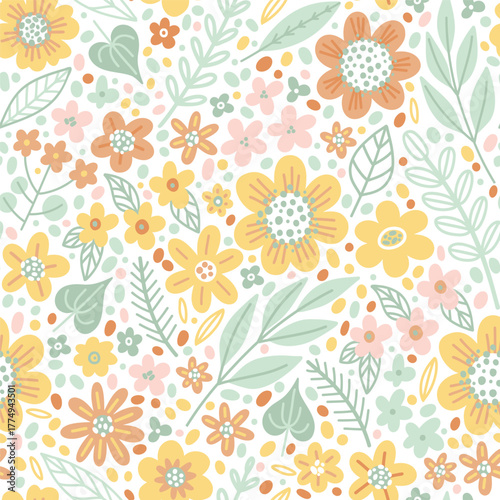 Seamless vector floral pattern with hand-drawn daisies and leaves in soft pastel palette. Modern editable illustration perfect for spring textiles, wallpaper, packaging and children’s apparel design.