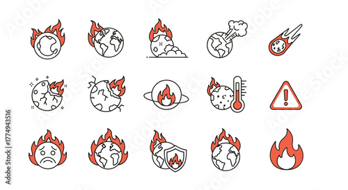 Collection of Planet Earth on Fire Related Line Icons, Outline Signs for Graphic and Web Design, Apps, Adverts, Various Cards, Vector Cartoon Illustration with a Sad Face Emoji, Meteor, Thermometer
