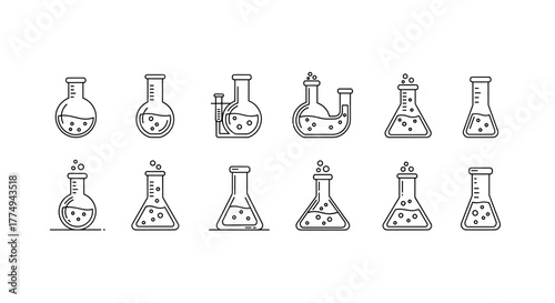 Collection of modern outline style laboratory flasks, including round-bottom, Erlenmeyer, and U-shaped designs, with bubbling liquid and scientific elements, perfect for educational materials