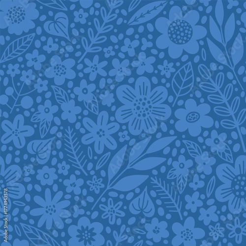 Seamless vector floral pattern with monochrome blue flowers and leaves in hand-drawn style. Modern minimal illustration perfect for textile prints, wallpaper, stationery and elegant packaging design.