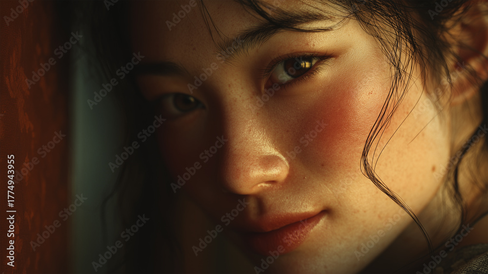 Fototapeta premium 夕暮れの窓辺で女性がやさしく笑顔を浮かべる