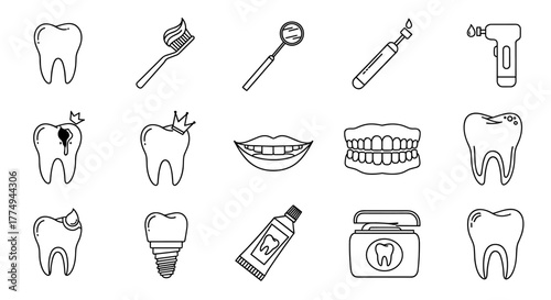 A collection of dental care line icons, featuring various teeth illustrations, a toothbrush, dental mirror, toothpaste, dental drill, and dental floss, perfect for graphic and web design, apps