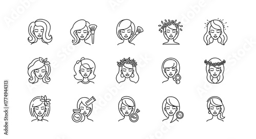 Collection of stylized, hand-drawn white line art icons depicting diverse female faces with various hairstyles and makeup accessories, set against a stark black background, symbolizing beauty
