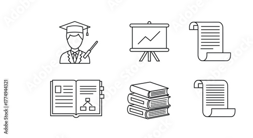 Set of university-related outline symbols, including a professor in academic regalia pointing with a wand, a presentation board with a graph, a rolled scroll, an open notebook with a flowchart, a
