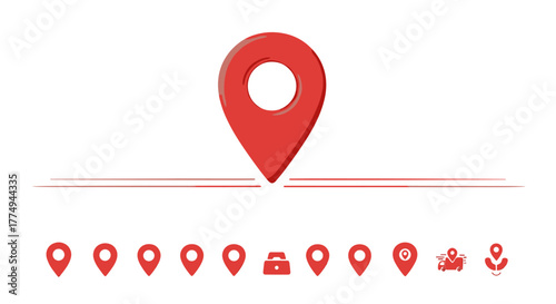 A vibrant 3D render showcases a collection of red map pin icons and location markers against a stark black background, symbolizing navigation, travel, and destination points with a modern, minimalist