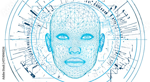 Futuristic biometric technology with a digital face scanning system, represented by a blue polygonal wireframe head in front view, set against a dark background with abstract technological elements