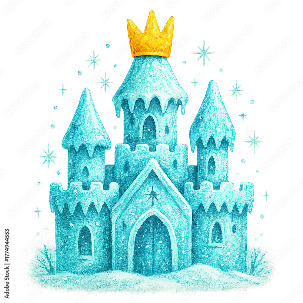 Fototapeta premium Blue, icy castle with snow, arched doors, and golden crown atop tallest tower