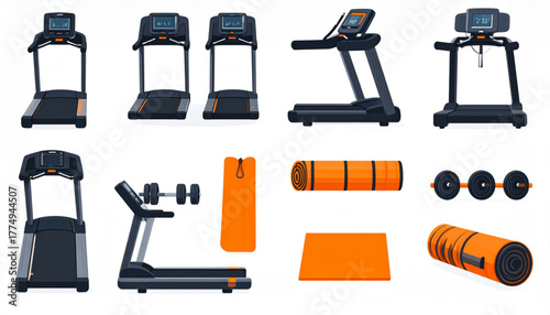 Energetic Flat Fitness Equipment Icons in Orange Black
