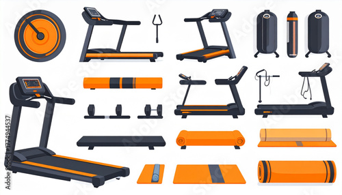 Energetic Flat Fitness Equipment Icons in Orange Black