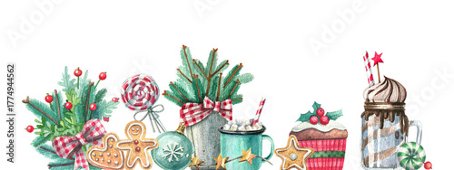 Festive Watercolor Border with Sweets, Gifts, and Winter Greenery. Hand-painted horizontal illustration for wrapping paper, web banners, and seasonal design.