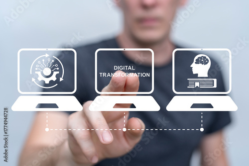 Concept of digital transformation of business. Business person using virtual touch screen presses the words DIGITAL TRANSFORMATION.