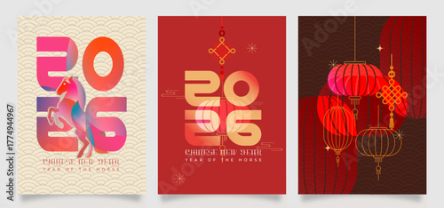 Modern Chinese New Year 2026 posters featuring elegant typography, horse illustration, and red lanterns symbolizing the Year of the Horse; perfect for festive greetings or holiday promotions.