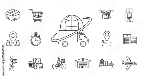 Set of delivery and transport related line icons, including a delivery truck with a planet outline, package boxes, shopping cart, drone, forklift, bicycle courier, warehouse, cargo ship, airplane
