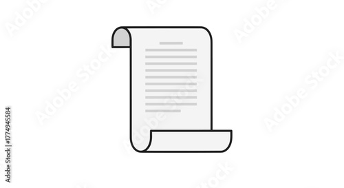 A clean, modern vector illustration of a rolled paper document icon, featuring horizontal lines of text and a curled bottom edge, presented against a stark black background, symbolizing information