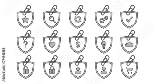 Collection of 15 outline shield icons, each secured with a paper clip, featuring diverse symbols like a star, magnifying glass, gear, checkmark, question mark, heart, dollar sign, lightbulb, cloud