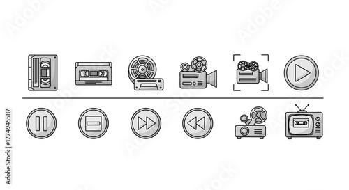 Set of vintage and modern video tape related line icons, including VHS tapes, cassette tapes, film reels, projectors, video cameras, play, pause, fast forward, rewind buttons, and a retro television