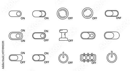 On Off Switch Line Icon Collection: A versatile set of outline signs and symbols for graphic and web design, apps, adverts, and various cards, presented as a vector cartoon illustration with a clean